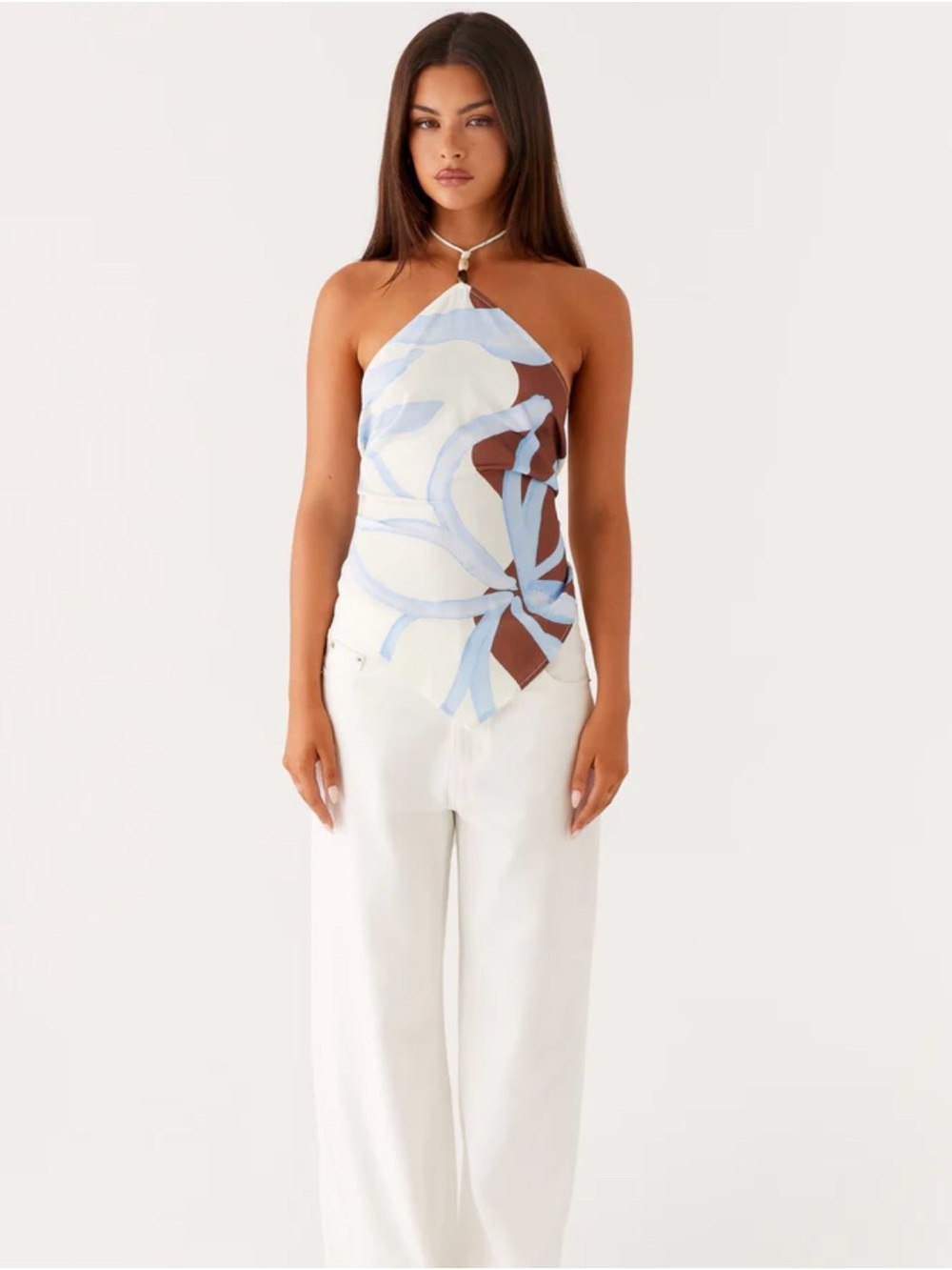 Peppermayo Blue, White & Brown Halter Scarf Top